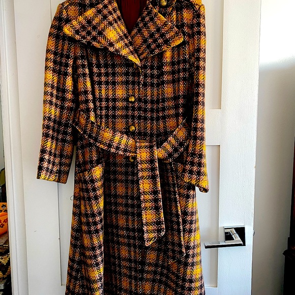 Price firm 70s VINTAGE Wool plaid tweed wide lapel belted trench pea tailored - Picture 2 of 14